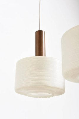 Glass & Brass 3-Light Cylinder Pendant Lamp with White Stripe Shades by Tapio Wirkkala, 1950s-KL-620264