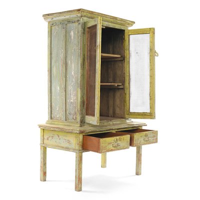 Glass Cabinet with 2 Drawers in Patinated Wood-NQ-625134