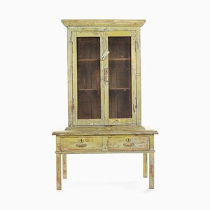 Glass Cabinet with 2 Drawers in Patinated Wood-NQ-625134