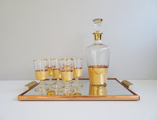 Glass Carafe with Liqueur Glasses and Reflection Tray, 1950s, Set of 8-POM-1105414