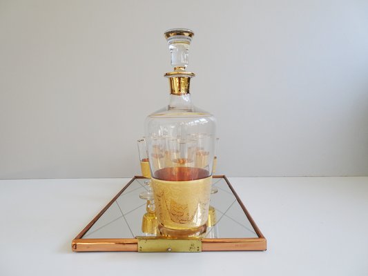 Glass Carafe with Liqueur Glasses and Reflection Tray, 1950s, Set of 8-POM-1105414