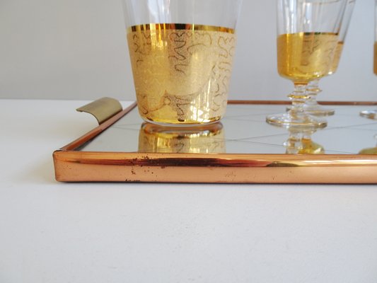 Glass Carafe with Liqueur Glasses and Reflection Tray, 1950s, Set of 8-POM-1105414