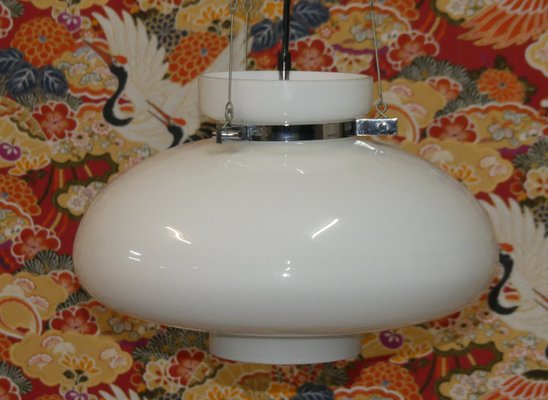 Glass Dome Ceiling Light in White & Chrome, 1970s-AFE-1140894