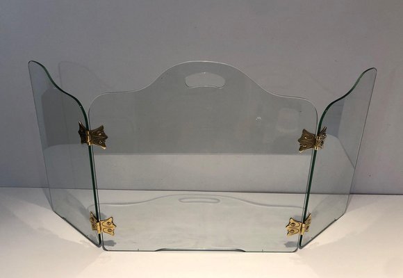 Glass Fire Screen with Bronze Hinges, 1970s-BA-1472087