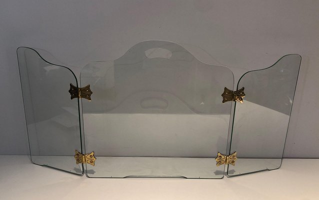 Glass Fire Screen with Bronze Hinges, 1970s-BA-1472087