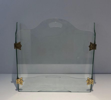 Glass Fire Screen with Bronze Hinges, 1970s-BA-1472087