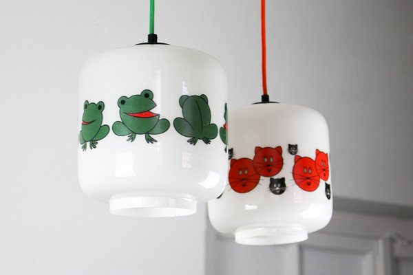 Glass Frogs and Cats Childrens Pendant Lamps, 1980s, Set of 2-HGJ-712521