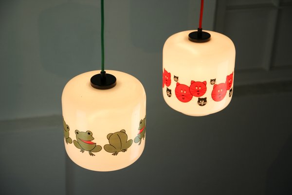 Glass Frogs and Cats Childrens Pendant Lamps, 1980s, Set of 2-HGJ-712521