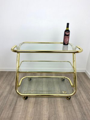 Glass & Golden Metal Serving Cart Trolley by Morex, Italy, 1980s-LYQ-1171639