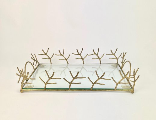 Glass & Golden Metal Serving Tray, France, 1970s-LYQ-1171502