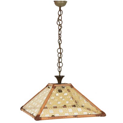 Glass, Rattan, Bamboo & Brass Pendant Light, Italy, 1970s-JDR-1126314