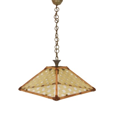 Glass, Rattan, Bamboo & Brass Pendant Light, Italy, 1970s-JDR-1126314