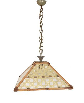 Glass, Rattan, Bamboo & Brass Pendant Light, Italy, 1970s-JDR-1126314