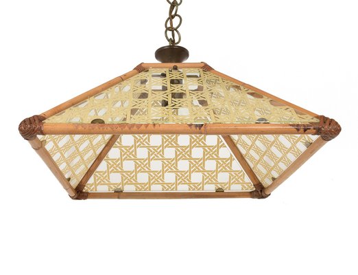 Glass, Rattan, Bamboo & Brass Pendant Light, Italy, 1970s-JDR-1126314