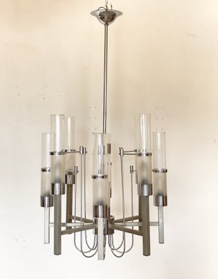 Glass & Steel Chandelier by Sciolari, 1970s-NPC-1318615