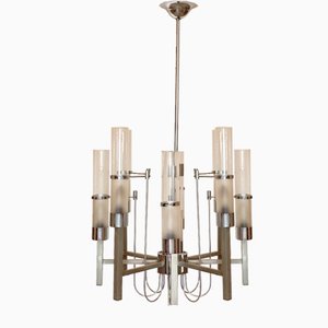 Glass & Steel Chandelier by Sciolari, 1970s-NPC-1318615