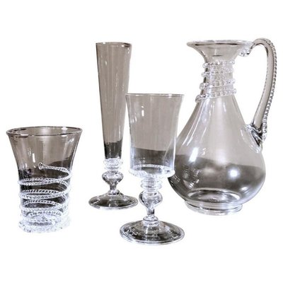 Glasses and Pitcher in Blown Murano Glass with Applied Decorations, Set of 37-QRS-960887