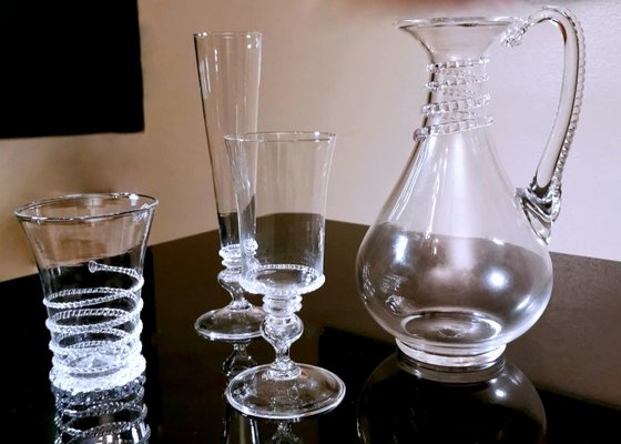 Glasses and Pitcher in Blown Murano Glass with Applied Decorations, Set of 37-QRS-960887