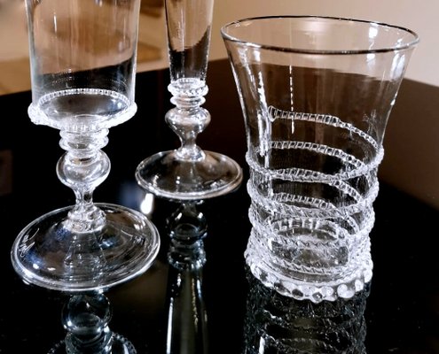 Glasses and Pitcher in Blown Murano Glass with Applied Decorations, Set of 37-QRS-960887