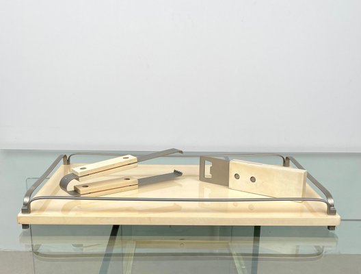 Goatskin & Steel Tray, Tongs & Corkscrew Barware Set by Aldo Tura, Italy, Set of 3-LYQ-1171270