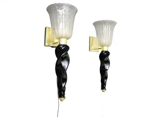 Gold and Black Murano Glass Sconces in the style of Barovier, 1990, Set of 2-YF-1711119