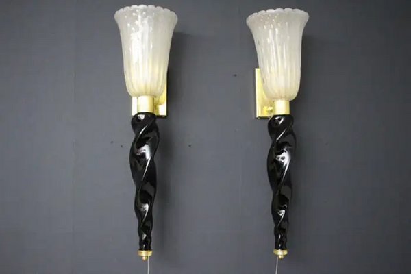 Gold and Black Murano Glass Sconces in the style of Barovier, 1990, Set of 2-YF-1711119