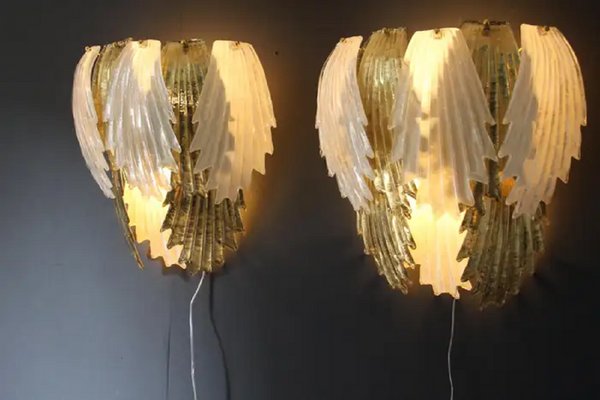 Gold and White Murano Glass Sconces in Leaf Shape, 2000s, Set of 2-YF-1713148