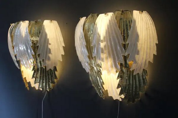 Gold and White Murano Glass Sconces in Leaf Shape, 2000s, Set of 2-YF-1713148