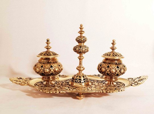 Gold Bronze Ottoman Style Inkwell with Tray-AWH-783598