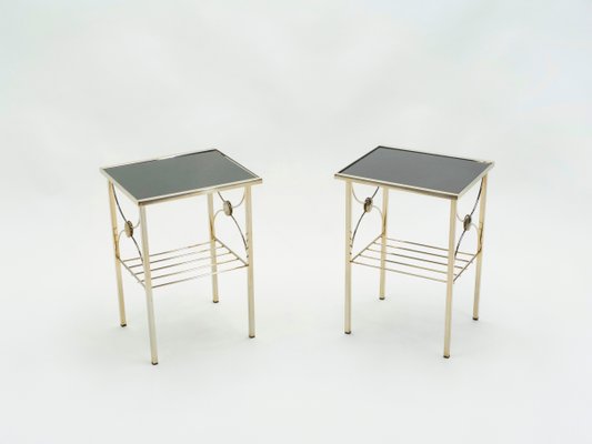 Gold Metal and Black Opaline Glass Side Tables, 1960s, Set of 2-YJA-703439