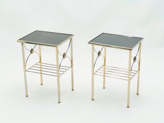 Gold Metal and Black Opaline Glass Side Tables, 1960s, Set of 2-YJA-703439