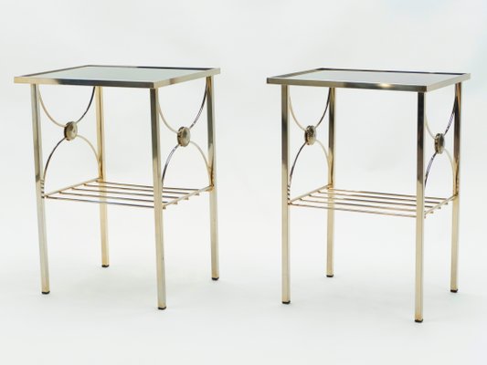 Gold Metal and Black Opaline Glass Side Tables, 1960s, Set of 2-YJA-703439