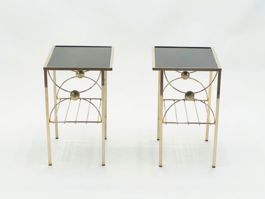 Gold Metal and Black Opaline Glass Side Tables, 1960s, Set of 2-YJA-703439