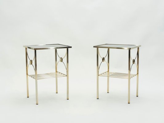 Gold Metal and Black Opaline Glass Side Tables, 1960s, Set of 2-YJA-703439