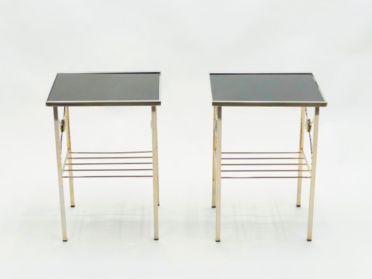 Gold Metal and Black Opaline Glass Side Tables, 1960s, Set of 2-YJA-703439