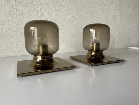 Gold Metal & Smoked Glass Wall or Ceiling Lamps by Motoko Ishii for Staff, Germany, 1960s, Set of 2-RDS-1147919