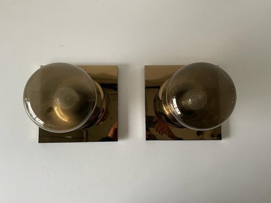 Gold Metal & Smoked Glass Wall or Ceiling Lamps by Motoko Ishii for Staff, Germany, 1960s, Set of 2-RDS-1147919