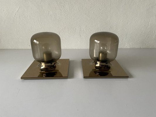 Gold Metal & Smoked Glass Wall or Ceiling Lamps by Motoko Ishii for Staff, Germany, 1960s, Set of 2-RDS-1147919