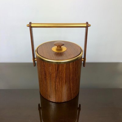 Gold Metal & Teak Ice Bucket Holder, Italy, 1960s-LYQ-1171772