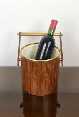 Gold Metal & Teak Ice Bucket Holder, Italy, 1960s-LYQ-1171772