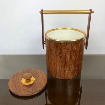 Gold Metal & Teak Ice Bucket Holder, Italy, 1960s-LYQ-1171772