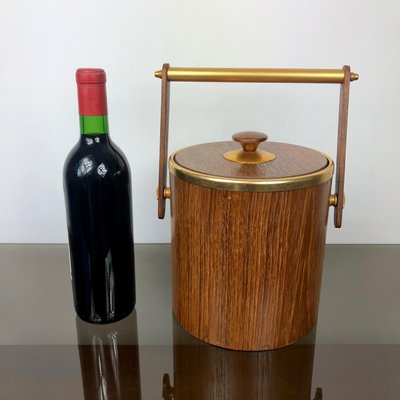 Gold Metal & Teak Ice Bucket Holder, Italy, 1960s-LYQ-1171772