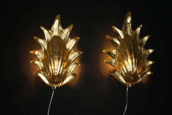 Gold Murano Glass Leaf and Brass Sconces, 2000, Set of 2-YF-2032026