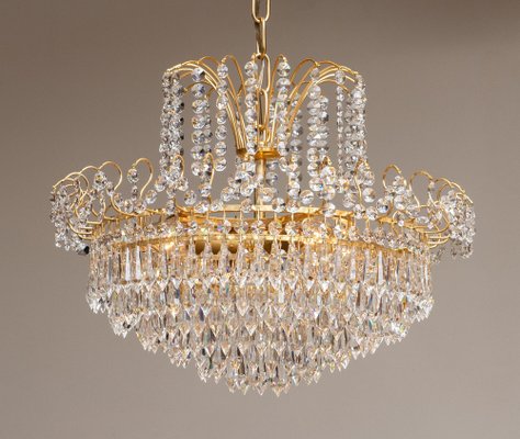 Gold-Plated and Faceted Crystal Chandelier from Rejmyre, Sweden, 1970s-JE-987176