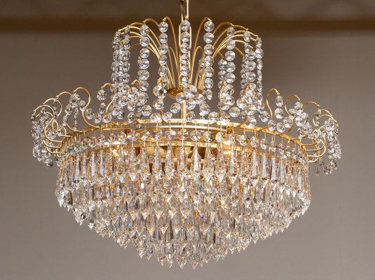 Gold-Plated and Faceted Crystal Chandelier from Rejmyre, Sweden, 1970s-JE-987176