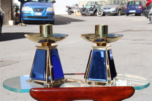 Gold-Plated Brass & Mirrored Glass Candelabras In Bevelled Cobalt Blue, 1950s, Set of 2-EH-776764