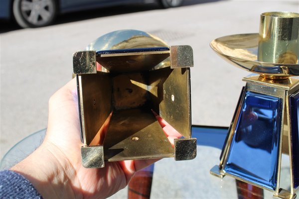 Gold-Plated Brass & Mirrored Glass Candelabras In Bevelled Cobalt Blue, 1950s, Set of 2-EH-776764