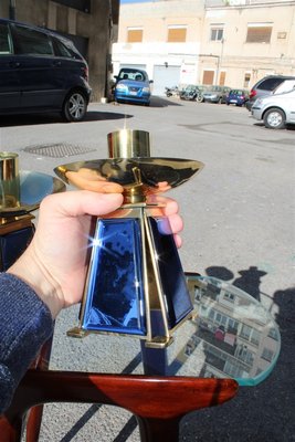 Gold-Plated Brass & Mirrored Glass Candelabras In Bevelled Cobalt Blue, 1950s, Set of 2-EH-776764