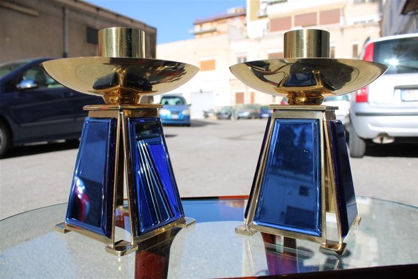 Gold-Plated Brass & Mirrored Glass Candelabras In Bevelled Cobalt Blue, 1950s, Set of 2-EH-776764