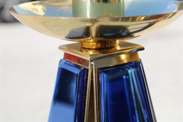 Gold-Plated Brass & Mirrored Glass Candelabras In Bevelled Cobalt Blue, 1950s, Set of 2-EH-776764